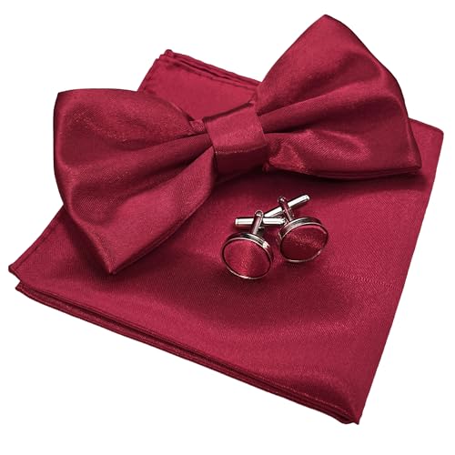 ehsbuy Fliege Herren Mit Einstecktuch Einfarbig Verstellbare Vorgebundene Fliege und Pocket Square Manschettenknöpfe Set mit Geschenkbox für Hochzeit Sfeier Anzug Weihnachten von ehsbuy