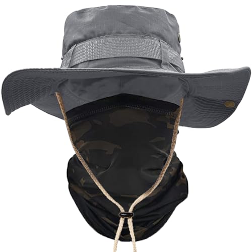 ehsbuy Sonnenhut Herren UPF 50+ Safari Hut Sommerhut Breiter Krempe Camo Wanderhut Armee Boonie Hut mit Kühlender Multifunktionstuch Schlauchschal Outdoor Fischerhut von ehsbuy