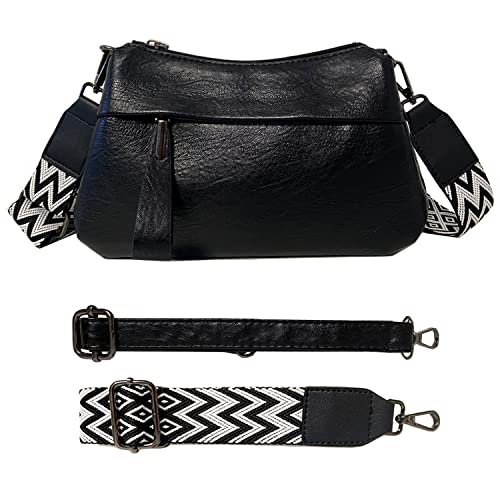 ehsbuy Tasche mit Breitem Schultergurt Leder Umhängetasche Damen Kleine Bauchtasche Damen Stylisch Cross-Body Bags Multi Pochette Moderne Taschen mit 2 Austauschbarem Gurt von ehsbuy