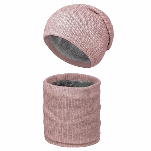 ehsbuy Wintermütze und Loop Schal Set Herren Warme Strickmützen Schlauchschal Warmer Gestrickter Kreis Schal mit Thermo Dicke Fleece Futter Geschenke für Herren Damen von ehsbuy