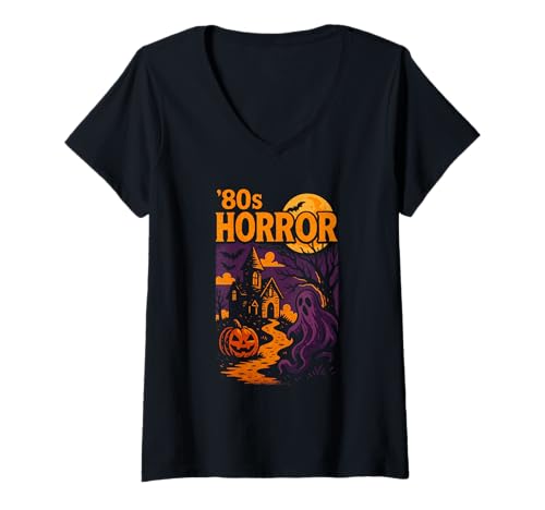Damen 80er Jahre Horror Retro Szene T-Shirt mit V-Ausschnitt von eighties horror retro ghost pumpkin halloween