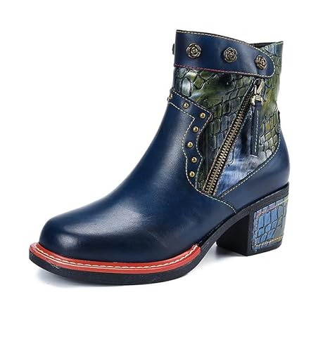 SOCOFY Damen-Stiefeletten, Cowgirl-Stiefel, Bohemian-Stil, Blockabsatz, Leder, Westernstiefel, buntes Leder, Winterstiefeletten, Blumenmuster, Reißverschluss, kurze Stiefel für Spaziergänge, Hochzeit von eimeinuosy