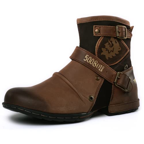 Western-Cowboystiefel für Herren, bestickt, quadratischer Zehenbereich, mittlere Wade, Moto-Stiefel, Winter, modischer seitlicher Reißverschluss, Leder, Chukka-Schuhe, Braun, 44.5 EU Western-Cowboystiefel für Herren, bestickt, quadratischer Zehenbereich, mittlere Wade, Moto-Stiefel, Winter, modischer seitlicher Reißverschluss, Leder, Chukka-Schuhe, Braun, 44.5 EU von eimeinuosy