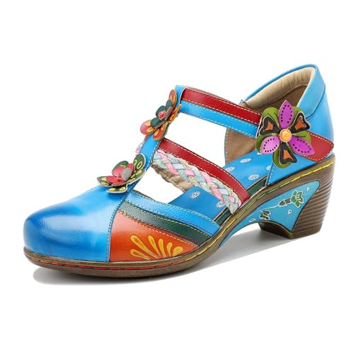 eimeinuosy Mary Jane Flache Schuhe für Damen, Sommersandalen, Leder, runder Zehenbereich, Knöchelriemen, niedriger Blockabsatz, Blau, 11 eimeinuosy Mary Jane Flache Schuhe für Damen, Sommersandalen, Leder, runder Zehenbereich, Knöchelriemen, niedriger Blockabsatz, Blau, 11 von eimeinuosy