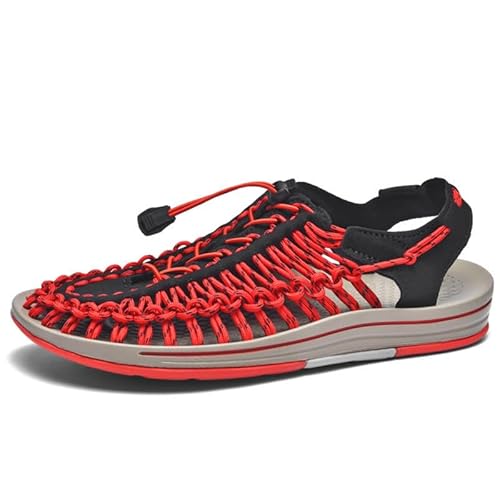 eimeinuosy Rope Sport Sandalen für Herren Sommer Fischerschuhe Herren Handgemachte gewebte Sandalen Schuhe Bequem & Leicht Cord Strandsandalen, Schwarz/Rot, 38.5 EU von eimeinuosy