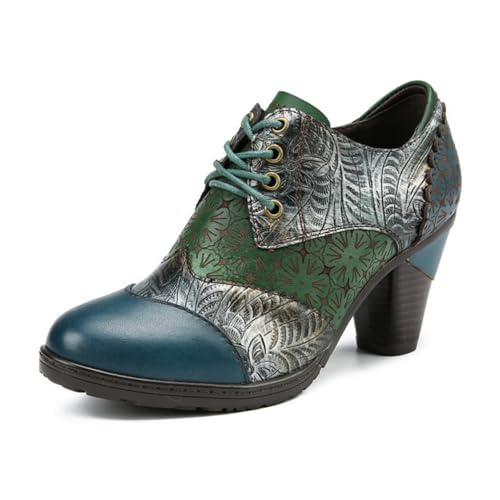 eimeinuosy SOCOFY Stiefeletten für Damen Leder Blockabsatz Bohemian Leder Mary Jane Schuhe Sommer, Blau 1, 6 von eimeinuosy