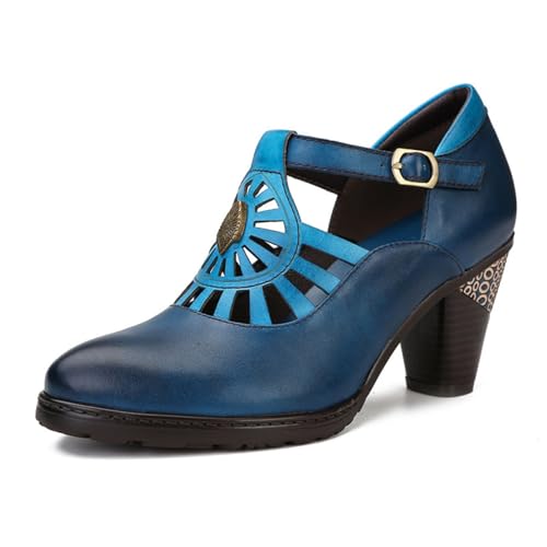 eimeinuosy SOCOFY Stiefeletten für Damen Leder Blockabsatz Bohemian Leder Mary Jane Schuhe Sommer, Blau 2, 6 eimeinuosy SOCOFY Stiefeletten für Damen Leder Blockabsatz Bohemian Leder Mary Jane Schuhe Sommer, Blau 2, 6 von eimeinuosy