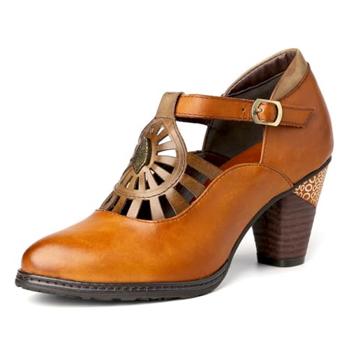 eimeinuosy SOCOFY Stiefeletten für Damen Leder Blockabsatz Bohemian Leder Mary Jane Schuhe Sommer, Braun 2, 9 eimeinuosy SOCOFY Stiefeletten für Damen Leder Blockabsatz Bohemian Leder Mary Jane Schuhe Sommer, Braun 2, 9 von eimeinuosy