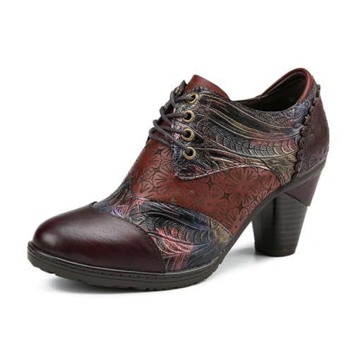 eimeinuosy SOCOFY Stiefeletten für Damen Leder Blockabsatz Bohemian Leder Mary Jane Schuhe Sommer, Dunkelviolett 1, 6 von eimeinuosy