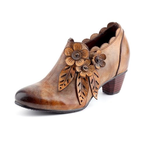 eimeinuosy SOCOFY Stiefeletten für Damen Leder Blockabsatz Bohemian Leder Mary Jane Schuhe Sommer, Kaffee, 11 von eimeinuosy