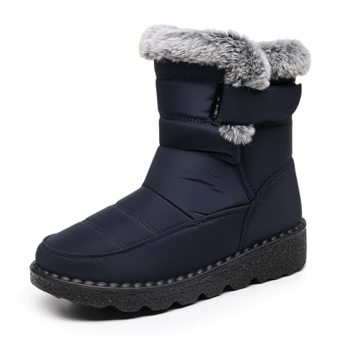 eimeinuosy Schneestiefel für Damen, Winterschuhe, warmes Fellfutter, wadenhoch, rutschfest, wasserdicht, Hakenschlaufe, bequem, rutschfest, für den Außenbereich, Blau, 35 EU von eimeinuosy