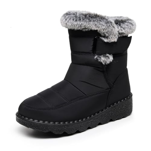 eimeinuosy Schneestiefel für Damen, Winterschuhe, warmes Fellfutter, wadenhoch, rutschfest, wasserdicht, Hakenschlaufe, bequem, rutschfest, für den Außenbereich, Schwarz, 35 EU von eimeinuosy