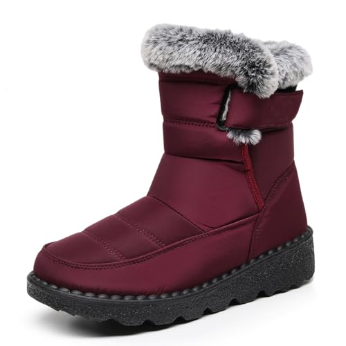 eimeinuosy Schneestiefel für Damen, Winterschuhe, warmes Fellfutter, wadenhoch, rutschfest, wasserdicht, Hakenschlaufe, bequem, rutschfest, für den Außenbereich, Weinrot, 38 EU von eimeinuosy