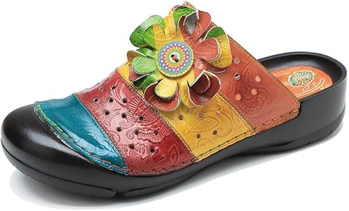 eimeinuosy Socofy Damen Clogs Leder Sandalen Sommer Leder Hausschuhe Slip on Pantoletten Schuhe Anti-Rutsch Geschlossene Zehen Handgemachte Blume Rückenfrei Komfort Atmungsaktiv Walking Hausschuhe von eimeinuosy