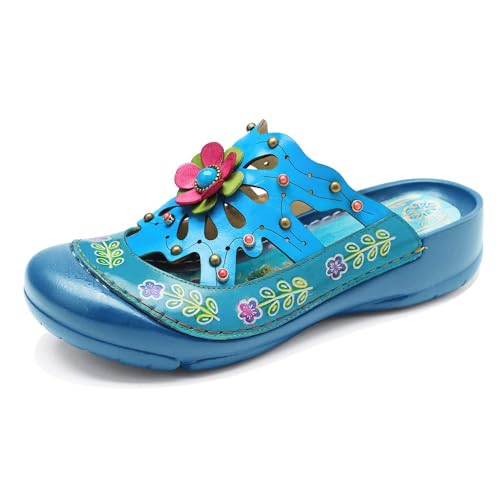 eimeinuosy Socofy Damen Clogs Leder Sandalen Sommer Leder Hausschuhe Slip on Pantoletten Schuhe Anti-Rutsch Geschlossene Zehen Handgemachte Blume Rückenfrei Komfort Atmungsaktiv Walking Hausschuhe von eimeinuosy