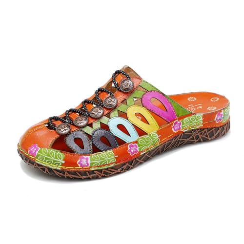 eimeinuosy Socofy Damen Clogs Leder Sandalen Sommer Leder Hausschuhe Slip on Pantoletten Schuhe Anti-Rutsch Geschlossene Zehen Handgemachte Blume Rückenfrei Komfort Atmungsaktiv Walking Hausschuhe von eimeinuosy