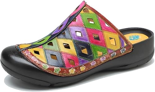 eimeinuosy Socofy Damen Clogs Leder Sandalen Sommer Leder Hausschuhe Slip on Pantoletten Schuhe Anti-Rutsch Geschlossene Zehen Handgemachte Blume Rückenfrei Komfort Atmungsaktiv Walking Hausschuhe von eimeinuosy