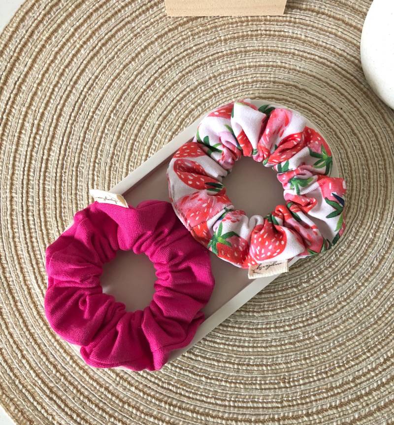Scrunchie/Ripjersey Pink Sommer Stoffhaargummi Knallige Farben Erdbeeren von einzelartig