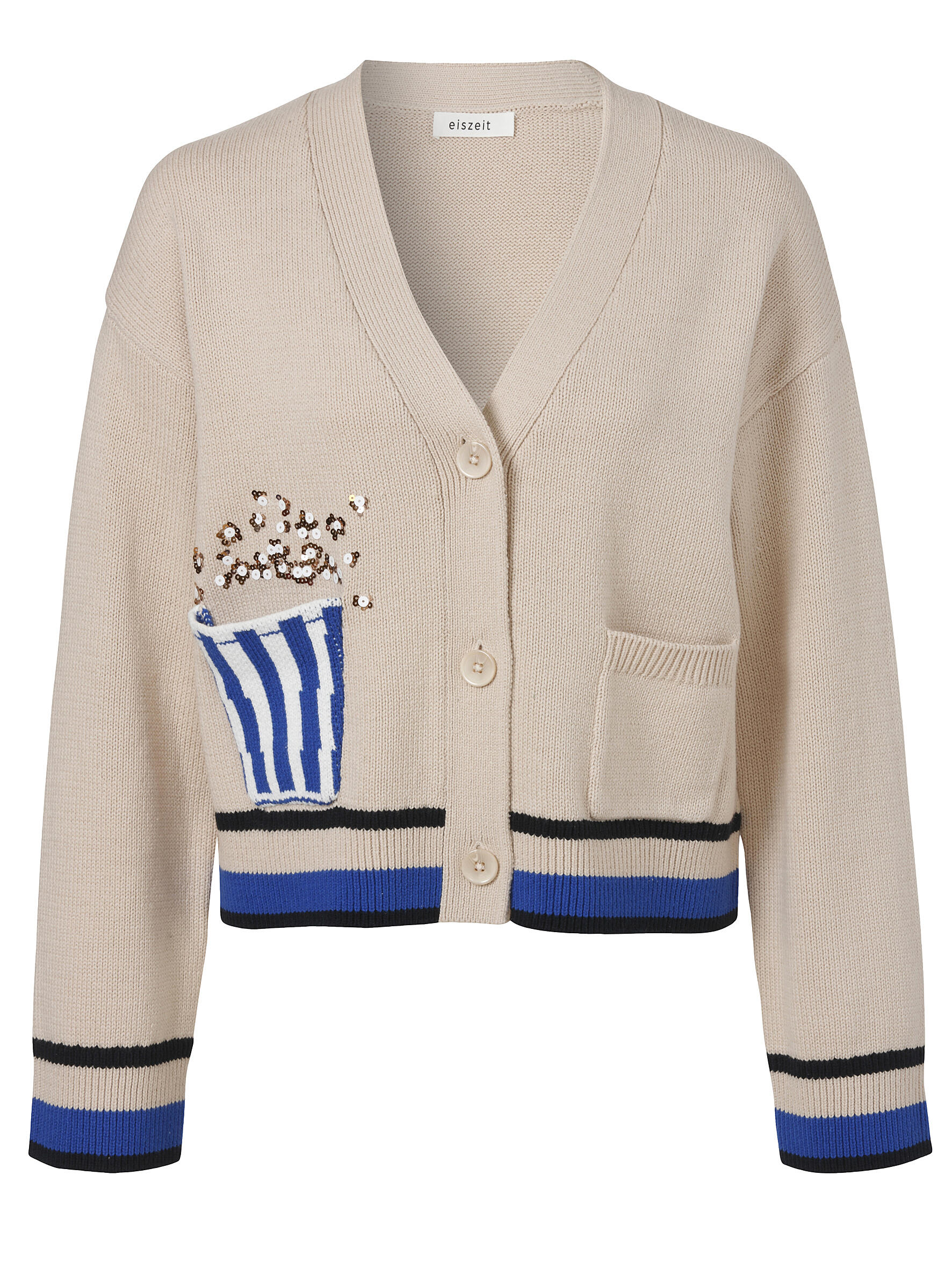 eiszeit - Jacke V-Ausschnitt 1/1 Arm Knöpfe überschnittene Schulter beige melange multi - Gr. - 44 von eiszeit