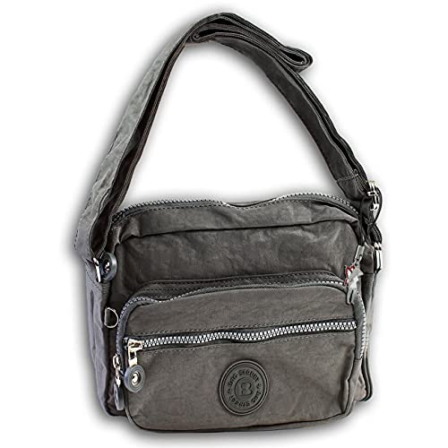 ekavale - Kleine leichte Damen-Handtasche Umhängetasche aus hochwertigem wasserabwesendem Crinkle Nylon inkl. Lederschlüsseltasche (Grau) von ekavale