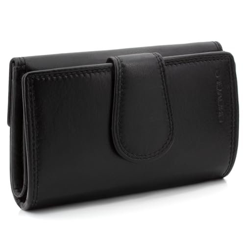 ekavale Damen-Geldbörse aus Leder mit Druckknopf-Verschluss, RFID-Schutz - Portemonnaie Damen (Schwarz) von ekavale