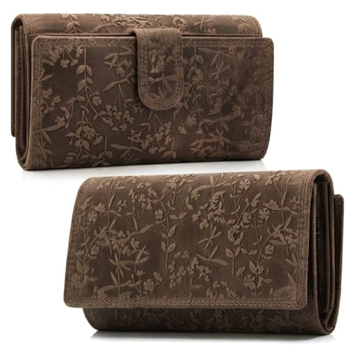 ekavale Damen-Geldbörse groß im Langformat Portemonnaie mit Druckknopf und RFID- Schutz, Geldbörse mit Blüten Muster (Dunkel-Braun) von ekavale