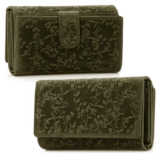 ekavale Damen-Geldbörse groß im Langformat Portemonnaie mit Druckknopf und RFID- Schutz, Geldbörse mit Blüten Muster (Grün) von ekavale