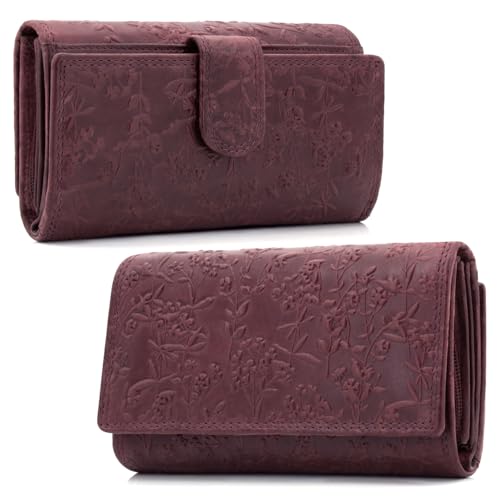 ekavale Damen-Geldbörse groß im Langformat Portemonnaie mit Druckknopf und RFID- Schutz, Geldbörse mit Blüten Muster (Lila) von ekavale