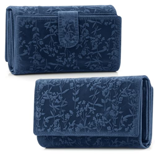 ekavale Damen-Geldbörse groß im Langformat Portemonnaie mit Druckknopf und RFID- Schutz, Geldbörse mit Blüten Muster (Navy) von ekavale