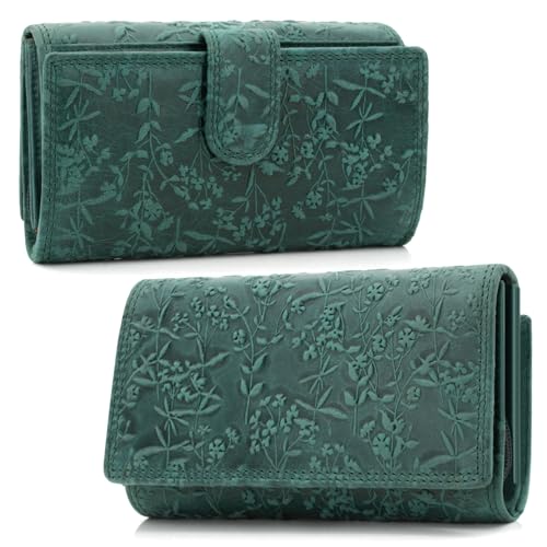 ekavale Damen-Geldbörse groß im Langformat Portemonnaie mit Druckknopf und RFID- Schutz, Geldbörse mit Blüten Muster (Petrol) von ekavale