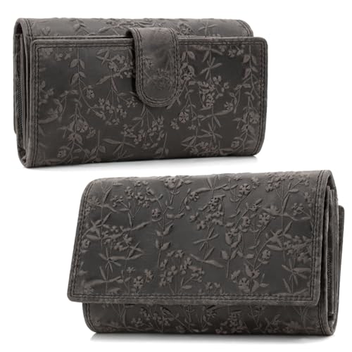 ekavale Damen-Geldbörse groß im Langformat Portemonnaie mit Druckknopf und RFID- Schutz, Geldbörse mit Blüten Muster (Schwarz) von ekavale