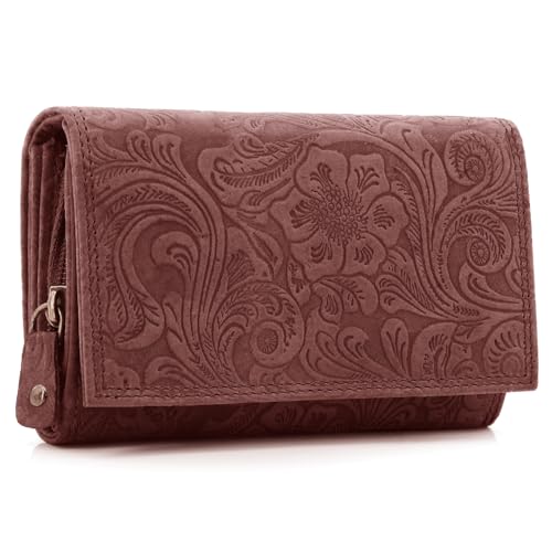 ekavale Damen Leder-Geldbörse mit Blumenmotiv und RFID-Blockierung, Portemonnaie Langformat mit Druckknopfverschluss (Bordo) von ekavale