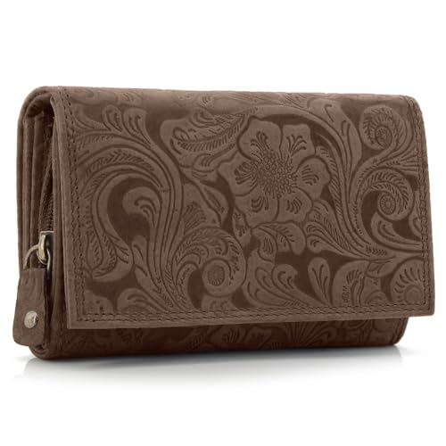 ekavale Damen Leder-Geldbörse mit Blumenmotiv und RFID-Blockierung, Portemonnaie Langformat mit Druckknopfverschluss (Dunkel-Braun) von ekavale