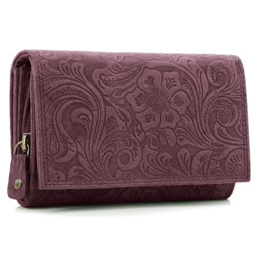 ekavale Damen Leder-Geldbörse mit Blumenmotiv und RFID-Blockierung, Portemonnaie Langformat mit Druckknopfverschluss (Lila) von ekavale