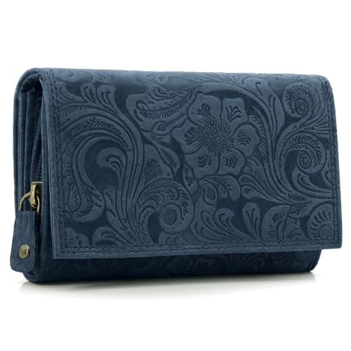 ekavale Damen Leder-Geldbörse mit Blumenmotiv und RFID-Blockierung, Portemonnaie Langformat mit Druckknopfverschluss (Navy) von ekavale