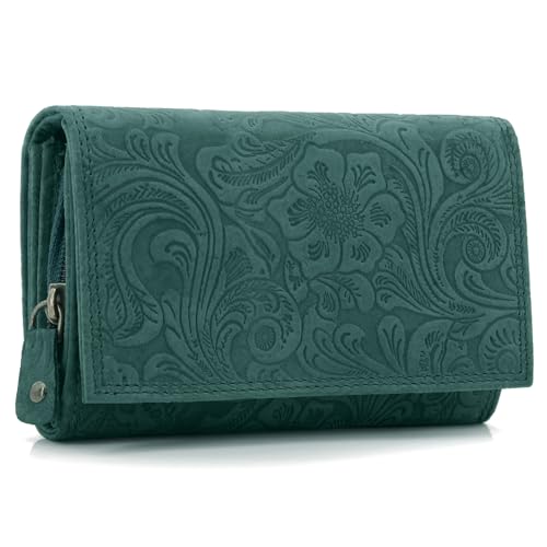 ekavale Damen Leder-Geldbörse mit Blumenmotiv und RFID-Blockierung, Portemonnaie Langformat mit Druckknopfverschluss (Petrol) von ekavale