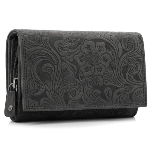 ekavale Damen Leder-Geldbörse mit Blumenmotiv und RFID-Blockierung, Portemonnaie Langformat mit Druckknopfverschluss (Schwarz) von ekavale