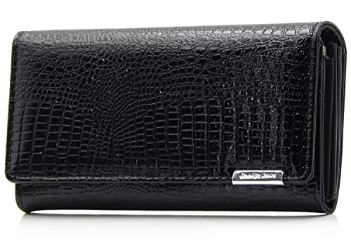 ekavale Damen Leder Geldbörse mit RFID-Schutz Geldbeutel groß Portemonnaie lang Damen Portmonee Damengeldbeutel viele Karten-Fächer (Schwarz) von ekavale