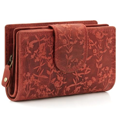 ekavale Damen-Portemonnaie im Querformat, Blütenmuster, RFID-Schutz, Leder, viele Fächer, dreigeteiltes Münzfach (Rot) von ekavale
