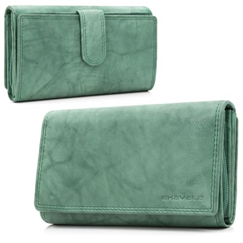 ekavale Damen-geldbörse XXL aus Rindsleder mit RFID Leder-Geldbörse mit vielen Fächern für Frau (Antik-Seegrün) von ekavale