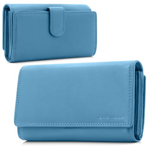 ekavale Damen-geldbörse XXL aus Rindsleder mit RFID Leder-Geldbörse mit vielen Fächern für Frau (Himmelblau) von ekavale