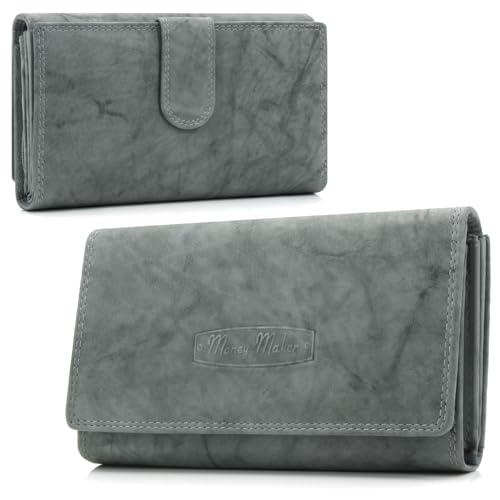 ekavale Damen-geldbörse XXL aus Rindsleder mit RFID Leder-Geldbörse mit vielen Fächern für Frau (Grau) von ekavale