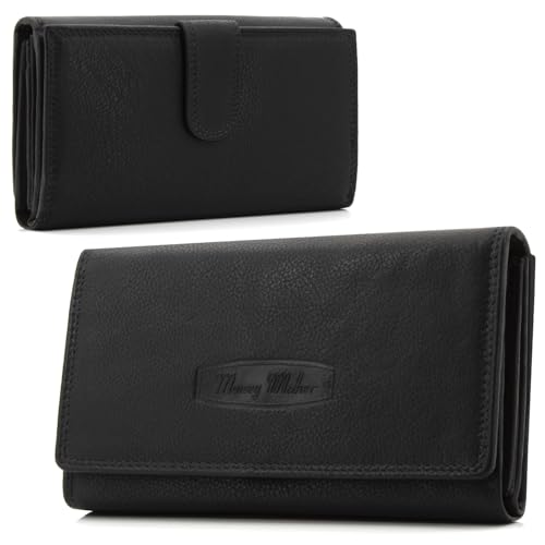 ekavale Damen Portemonnaie Groß aus Rindleder mit RFID, Leder-Geldbörse mit Vielen Fächern für Frau (Schwarz) von ekavale