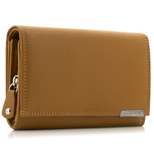 ekavale Geldbörse Damen Leder mit RFID-Schutz 25 Fächer Damen Portemonnaie Lang (Curry) von ekavale