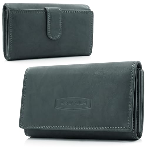 ekavale Geldbörse Damen im Langformat aus Rindsleder, Geldbeutel Damen Groß mit Vielen Fächern, Portemonnaie mit Reißverschluss für Frau (Blau-Grau) von ekavale