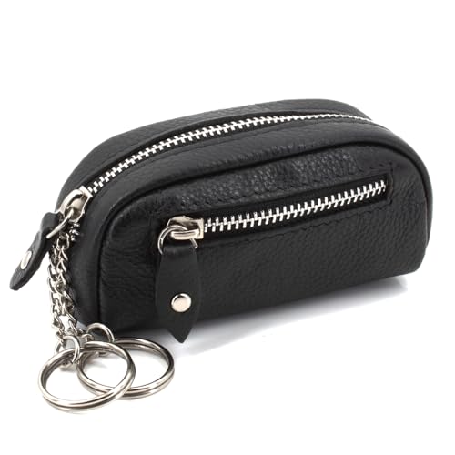 ekavale Leder Schlüsseltasche mit 2 Ringen 2 Fächer - Schlüsselbeutel mit Reißverschlussfach - Schlüsselmappe mit Geldfach (Schwarz) von ekavale