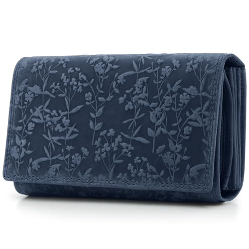 ekavale Portemonnee für Damen mit Blüten Muster RFID-Schutz, Leder Geldbörse Langformat mit Druckknopf (Navy) von ekavale