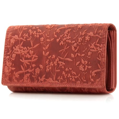 ekavale Portemonnee für Damen mit Blüten Muster RFID-Schutz, Leder Geldbörse Langformat mit Druckknopf (Rot) von ekavale