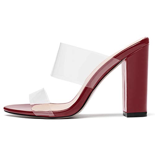 Damen Damen Sandalen Blockabsatz Transparente Klassische peeptoe Mule Slip On 4“ Elegant Hochzeit Party Schuhe Bordeaux EU37 von elashe