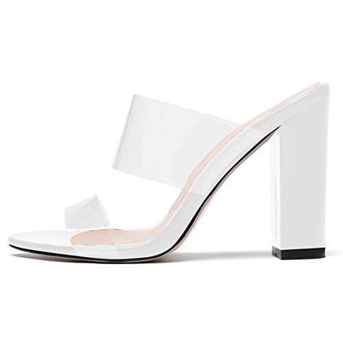 Damen Damen Sandalen Blockabsatz Transparente Klassische peeptoe Mule Slip On 4“ Elegant Hochzeit Party Schuhe Weiß EU38 von elashe